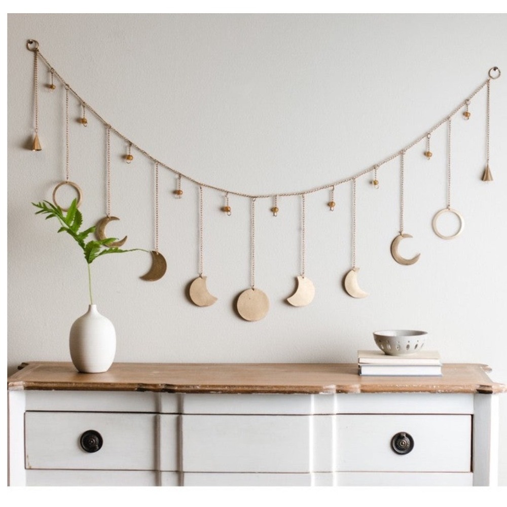 Mira Fair Trade Moon Phase Garland Handcrafted Reused Metal Wall Decor 53in Gold